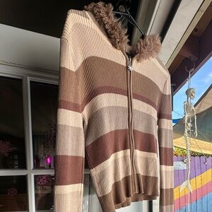 Delias size small Striped Brown Zip-Up Sweater with Faux Fur Trim and hood